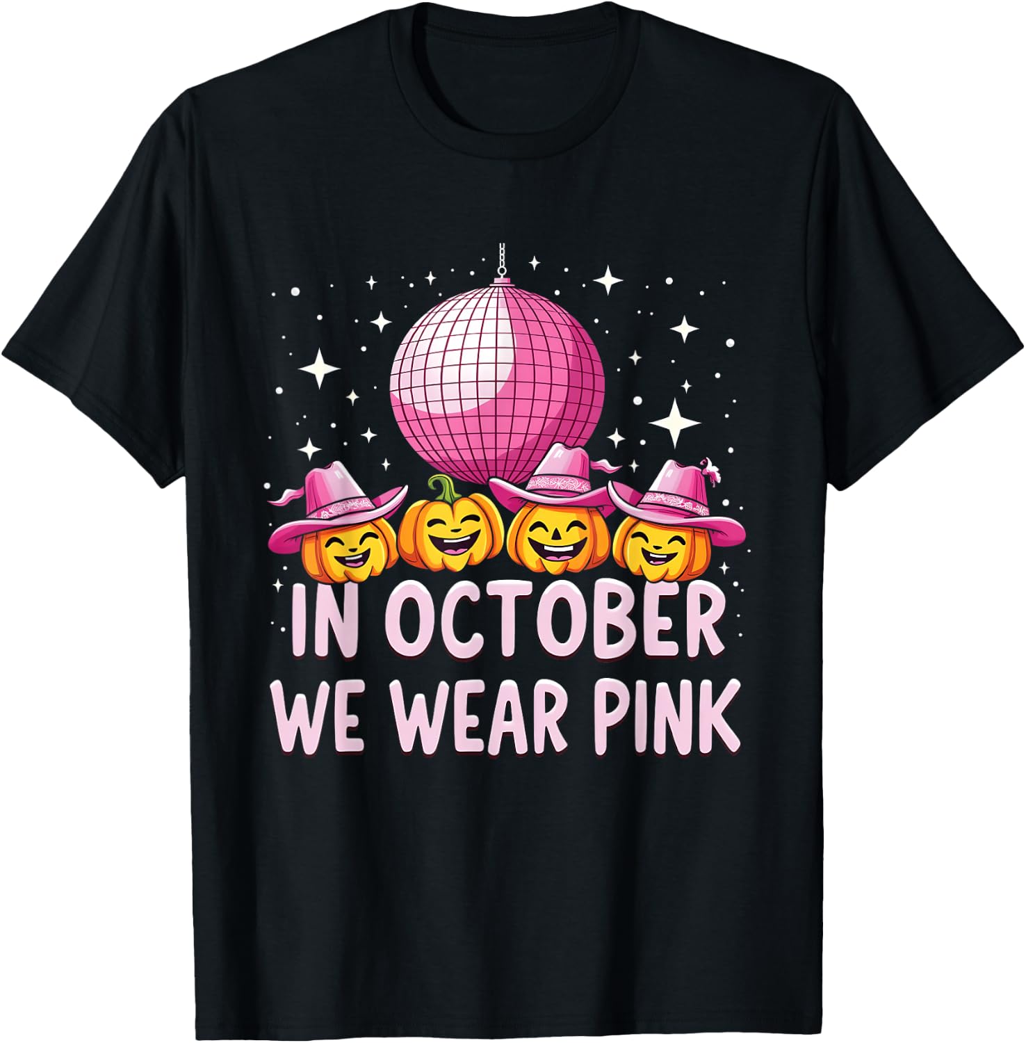 In October We Wear Pink Breast Cancer Pumpkin Cowgirl Wester T-Shirt - T-Shirt | Black