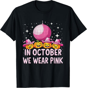 In October We Wear Pink Breast Cancer Pumpkin Cowgirl Wester T-Shirt - T-Shirt | Black