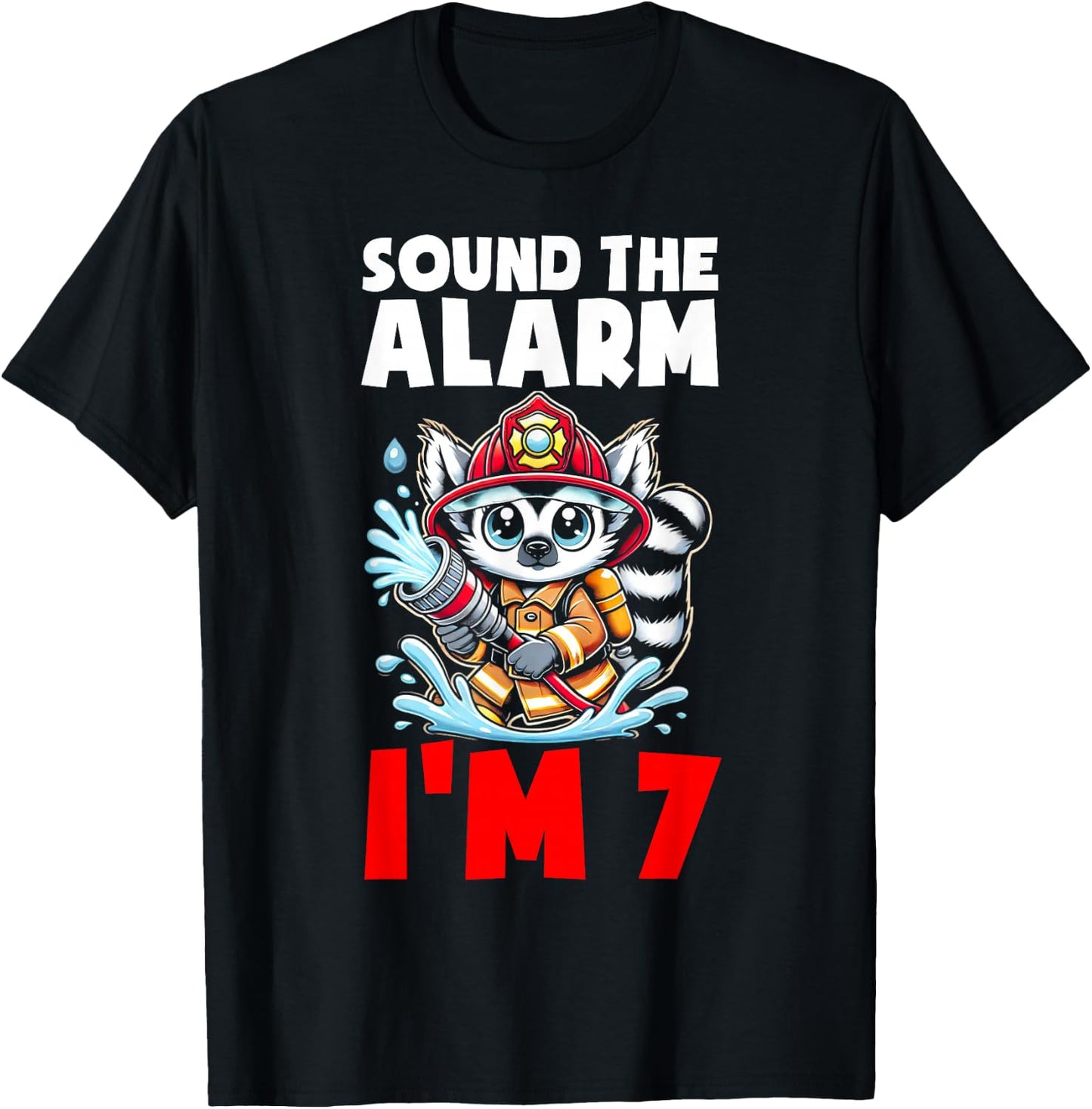 Lemur Firefighter Fireman Kids 7th Birthday Boys 7 Year Old T-Shirt - T-Shirt | Black