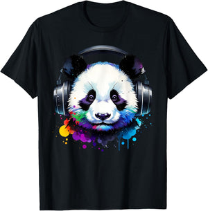 Panda With Headphones T-Shirt - T-Shirt | Black