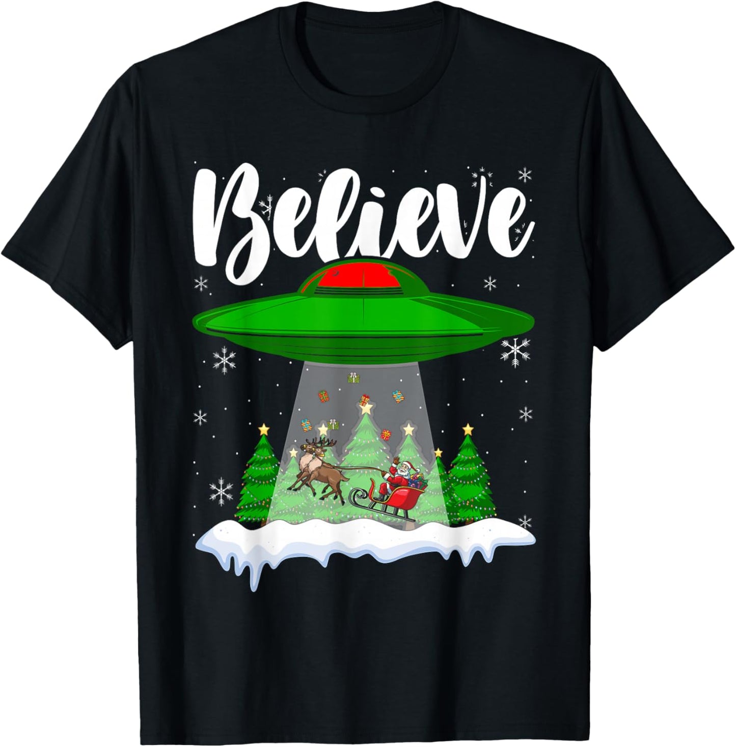 Funny Christmas Alien UFO Santa Claus Xmas Believe T-Shirt - T-Shirt | Black