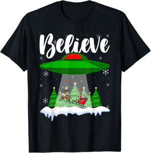 Funny Christmas Alien UFO Santa Claus Xmas Believe T-Shirt - T-Shirt | Black