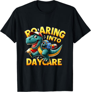 Roaring Into Daycare First Day of Daycare T-Rex Dinosaur T-Shirt - T-Shirt | Black