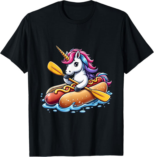 Unicorn Riding Hot Dog Boys Girls Women Kids Teens Rainbow T-Shirt - T-Shirt | Black