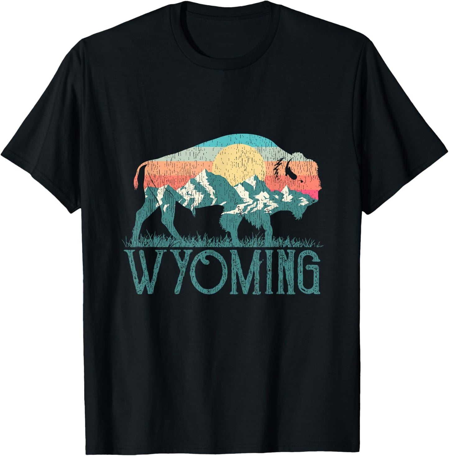 Bison Buffalo Retro Mountains WY Wyoming T-Shirt - T-Shirt | Black
