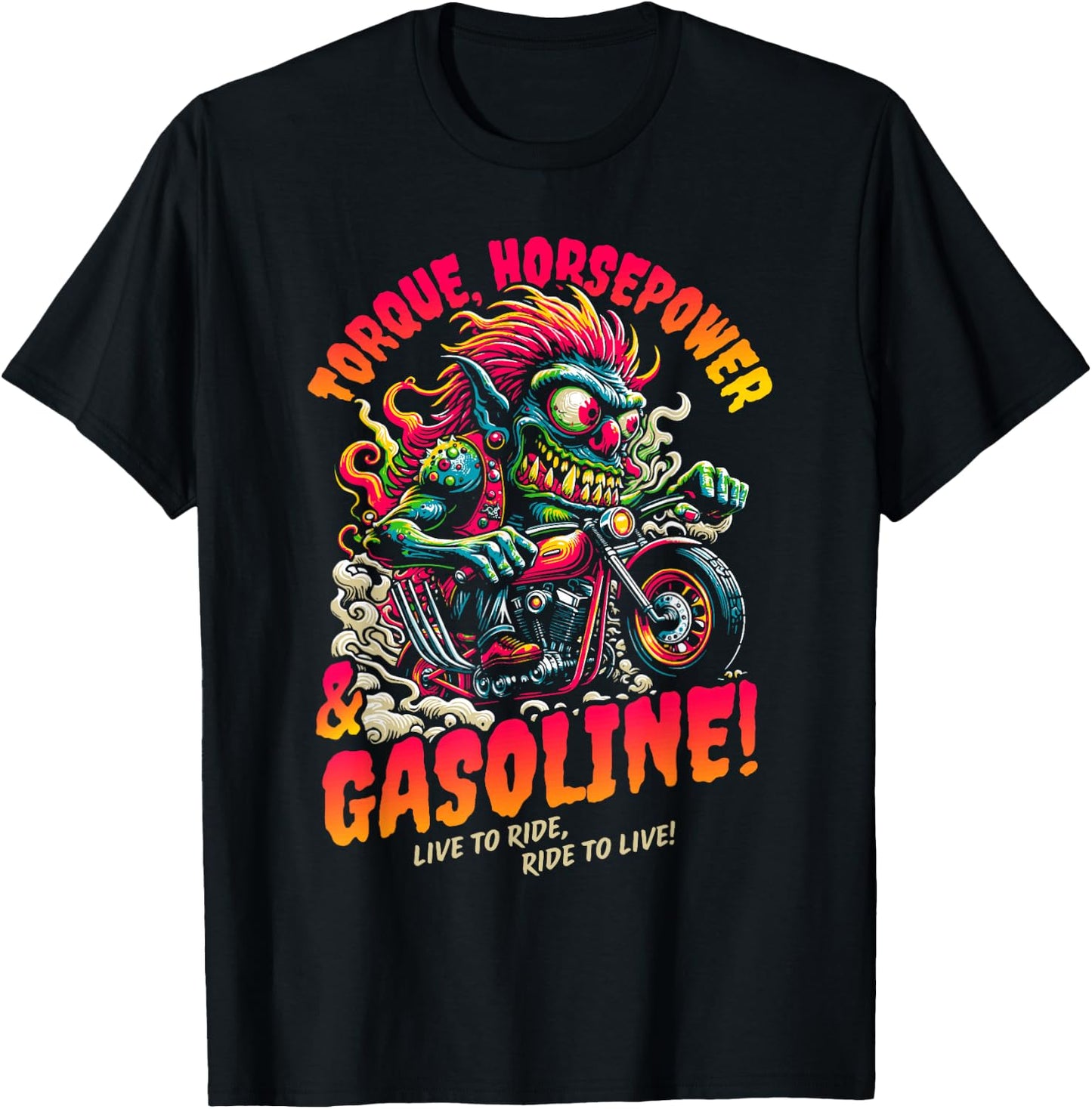 Torque Horsepower and Gasoline Funny Wild Motorcycle Cartoon T-Shirt - T-Shirt | Black