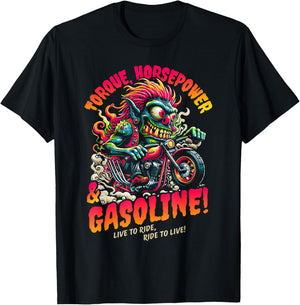 Torque Horsepower and Gasoline Funny Wild Motorcycle Cartoon T-Shirt - T-Shirt | Black