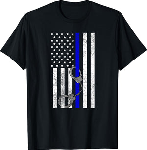 US Flag Thin Blue Line Handcuffs Cop LE Police Officer Gift T-Shirt - T-Shirt | Black