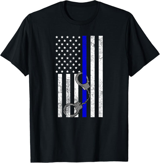 US Flag Thin Blue Line Handcuffs Cop LE Police Officer Gift T-Shirt - T-Shirt | Black