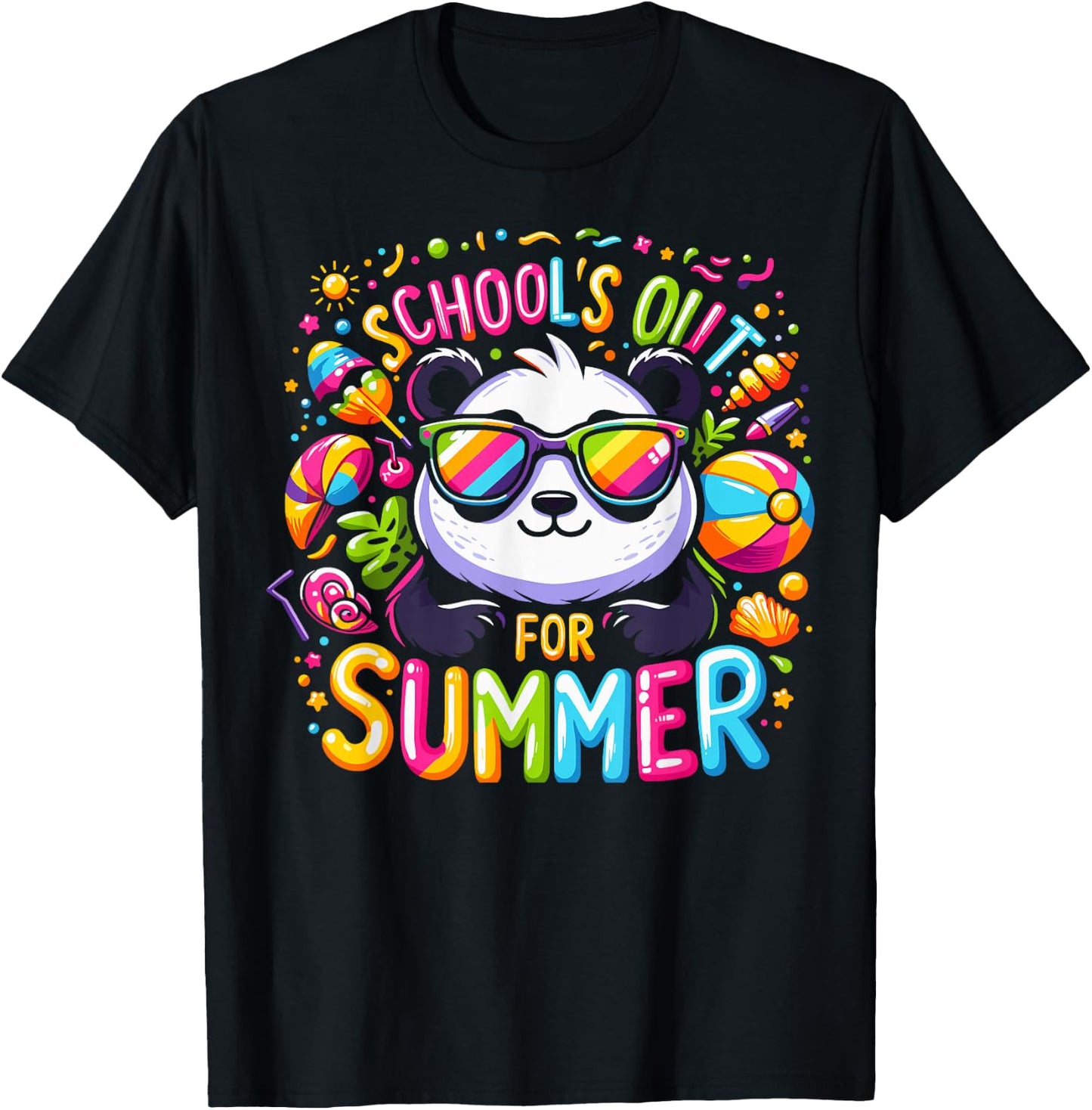 Cute Schools Out For Summer Teacher Kids Girls Boys Panda T-Shirt - T-Shirt | Black