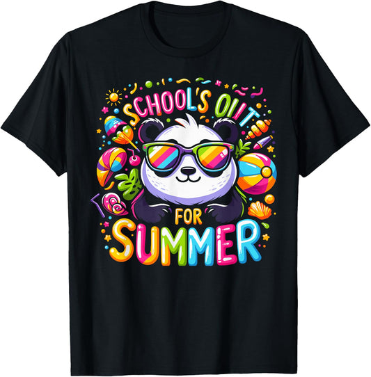 Cute Schools Out For Summer Teacher Kids Girls Boys Panda T-Shirt - T-Shirt | Black