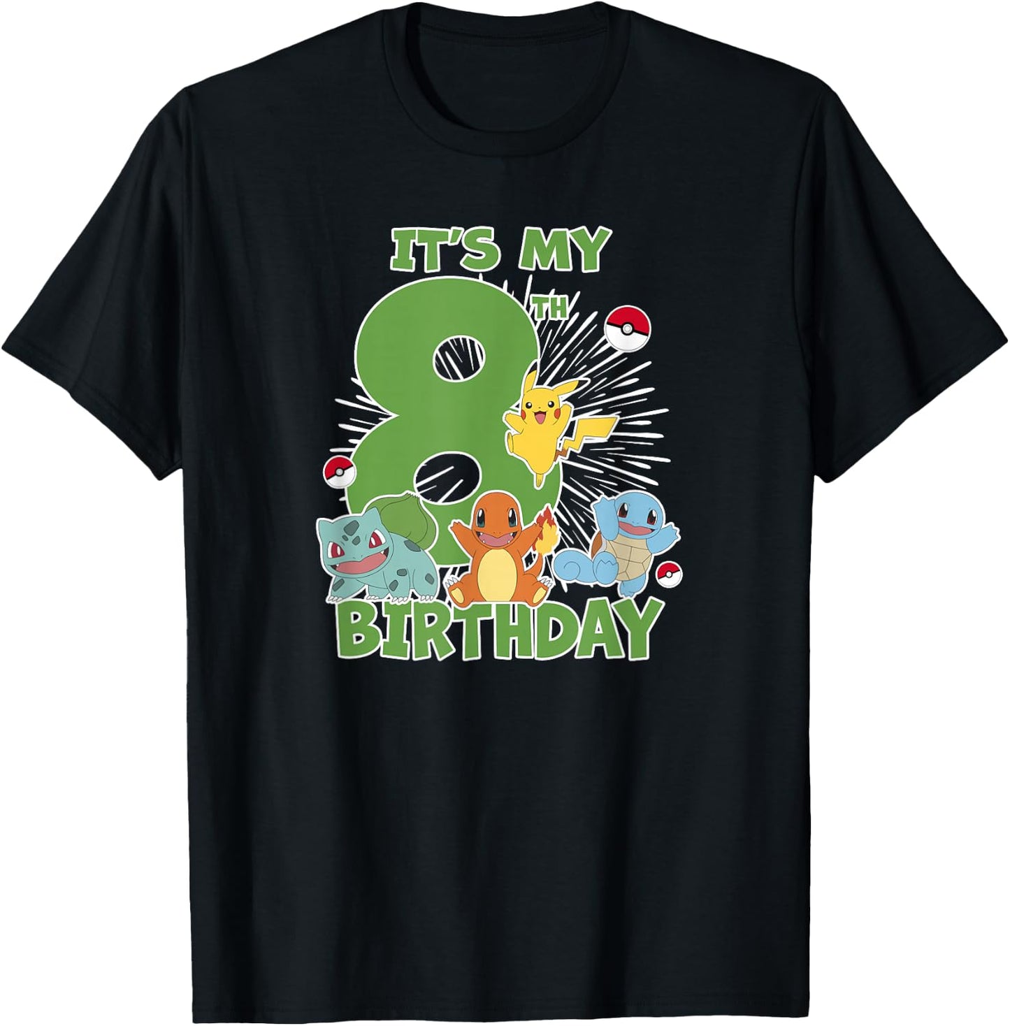 Pokémon It's My 8th Birthday Kanto Starters Celebration T-Shirt - T-Shirt | Black