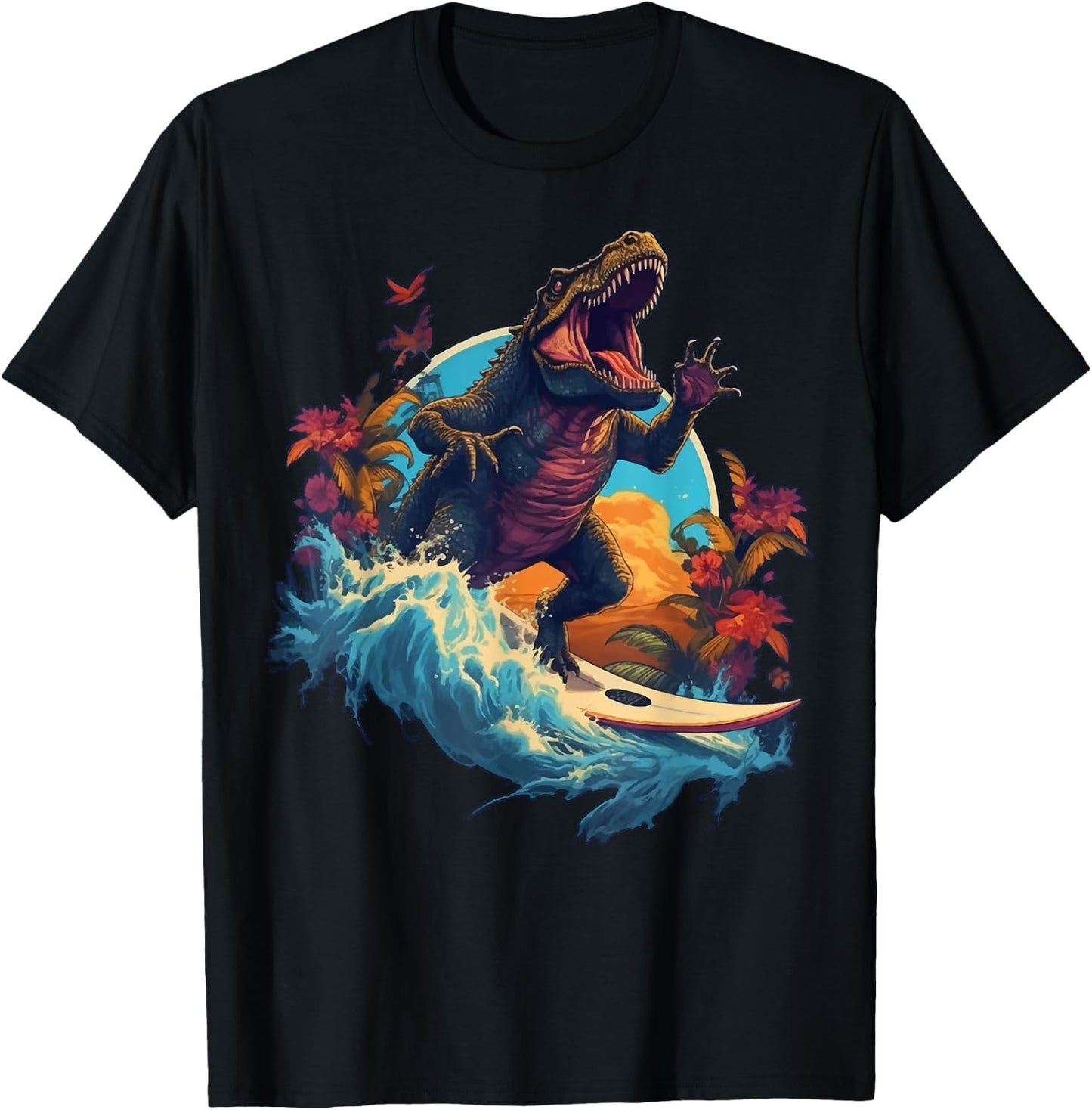 Dinosaur Surfboard Beach Surf Surfer Dinosaur T Rex Surfing T-Shirt - T-Shirt | Black