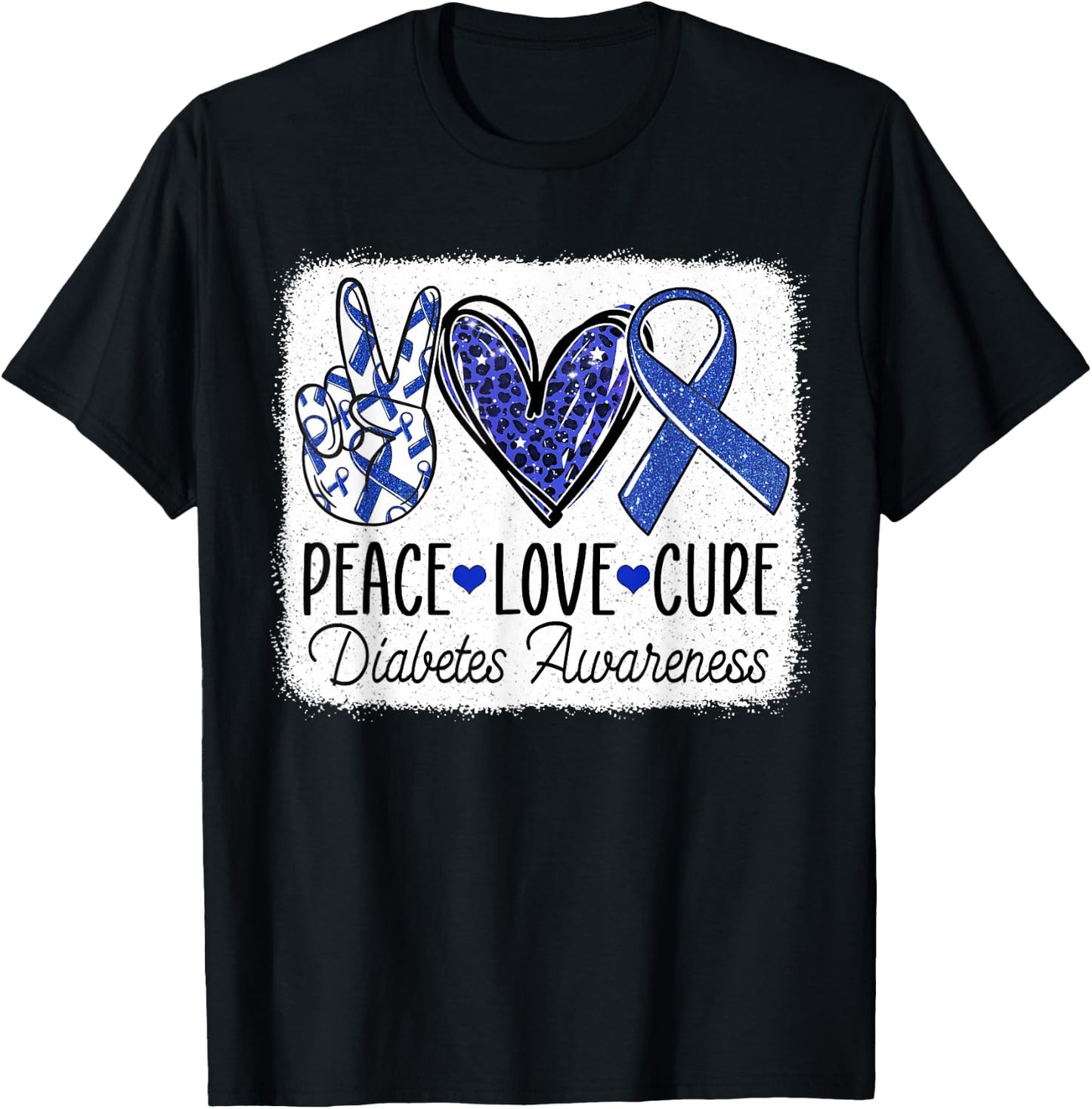 Peace Love Cure Diabetes Awareness Blue Ribbon T1D Type 1 T-Shirt - T-Shirt | Black