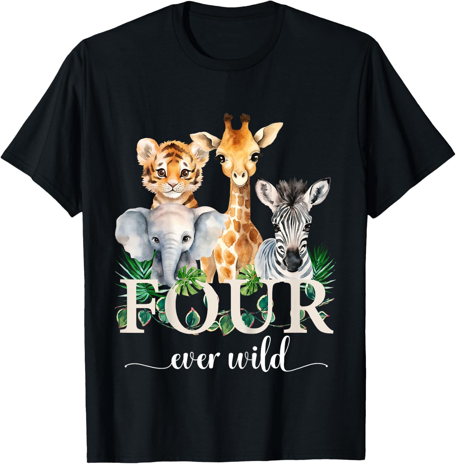 Kids Jungle Birthday Four Ever Wild Zoo Safari Party 4th Animals T-Shirt - T-Shirt | Black