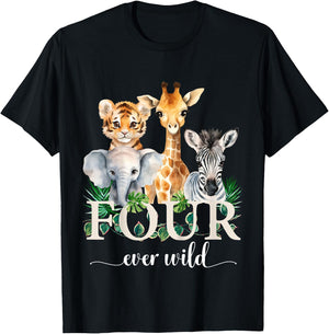Kids Jungle Birthday Four Ever Wild Zoo Safari Party 4th Animals T-Shirt - T-Shirt | Black
