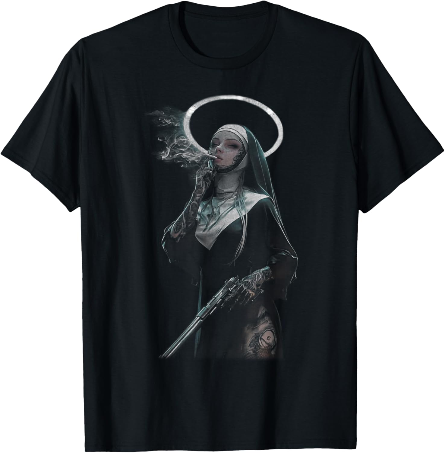 Peachbruh Vintage Cool Smoking Nun Art Dark Style T-Shirt - T-Shirt | Black