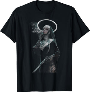 Peachbruh Vintage Cool Smoking Nun Art Dark Style T-Shirt - T-Shirt | Black