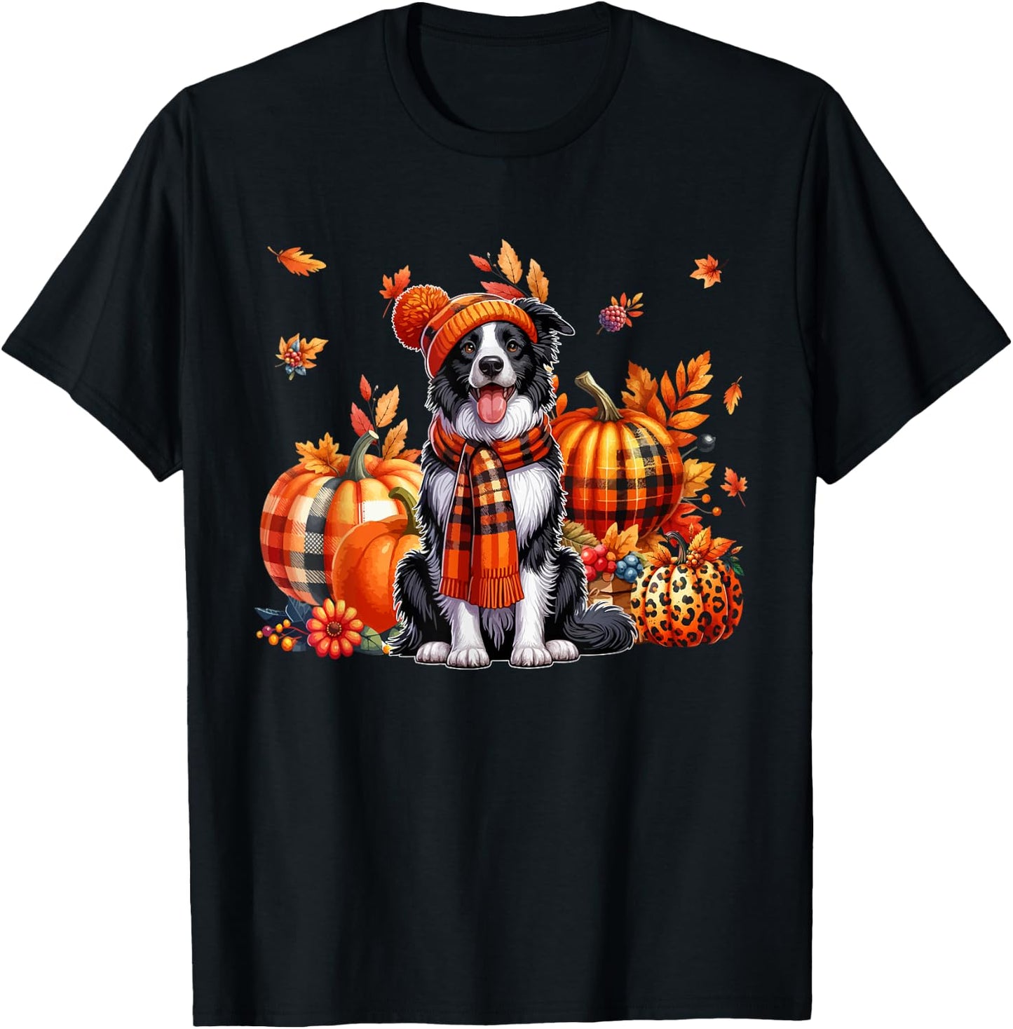 Border Collie Thanksgiving Leopard Pumpkins Fall Leaves T-Shirt - T-Shirt | Black
