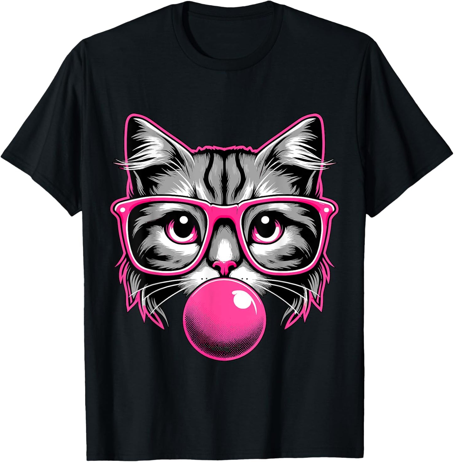 Cat with Glasses and Bubblegum Women Girls Kids T-Shirt - T-Shirt | Black