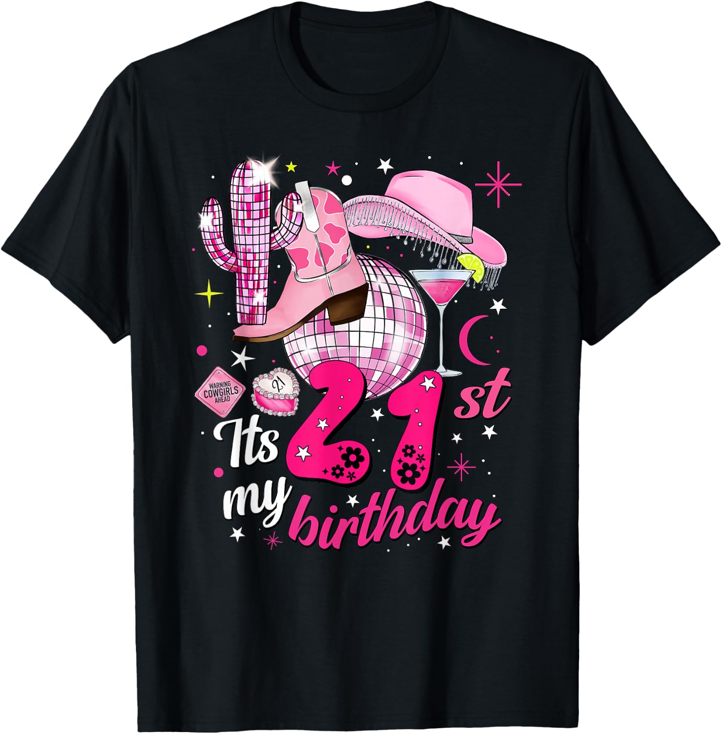 Howdy Cowboy Hat Pink Boots Disco Ball 21st Birthday T-Shirt - T-Shirt | Black
