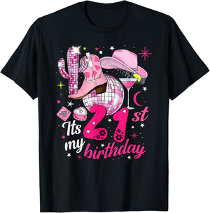 Howdy Cowboy Hat Pink Boots Disco Ball 21st Birthday T-Shirt - T-Shirt | Black