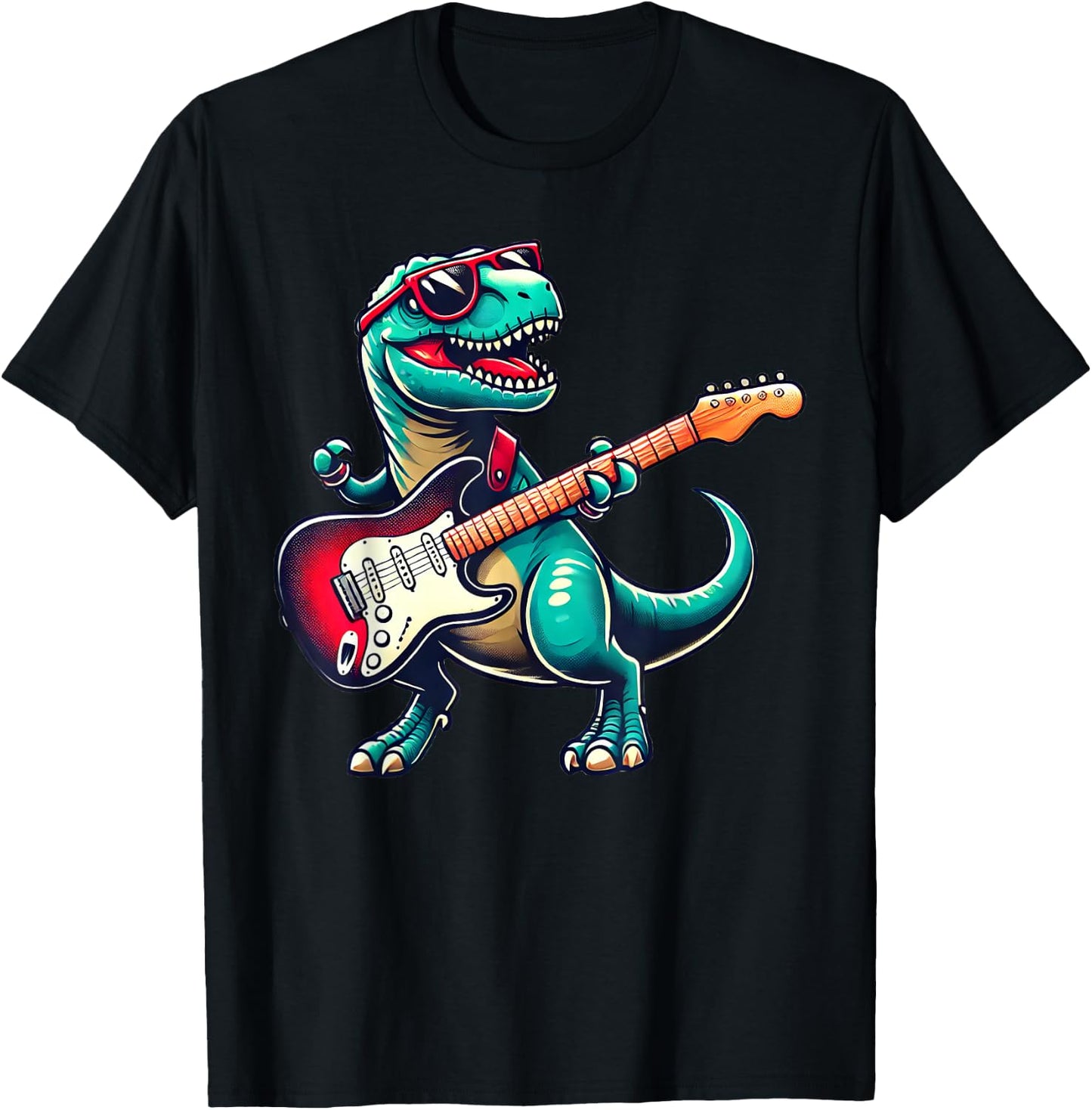 T-Rex Dinosaur Playing Guitar Musician Music T-Shirt - T-Shirt | Black
