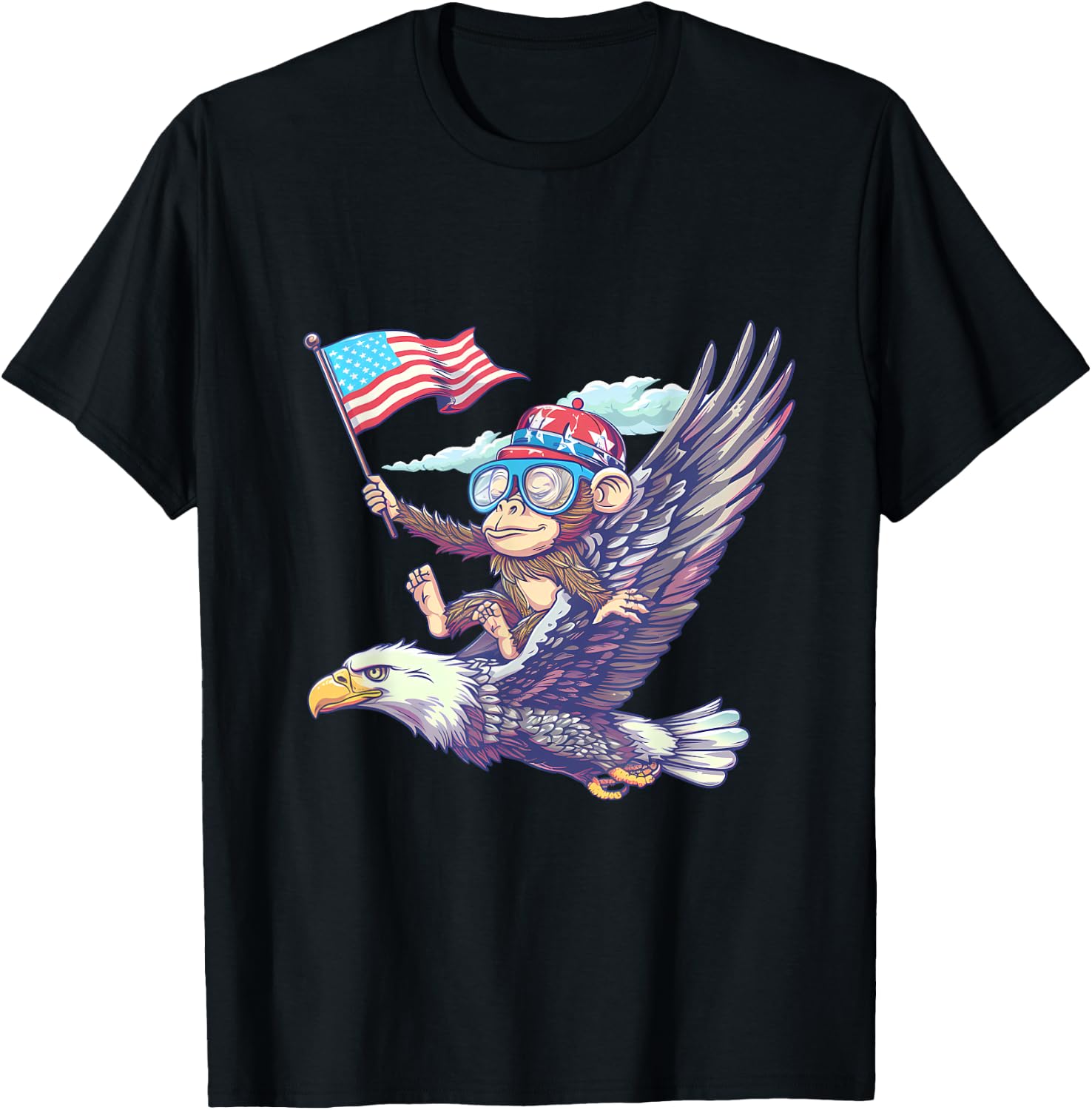 Funny Monkey Bald Eagle American Flag USA Fourth Of July T-Shirt - T-Shirt | Black