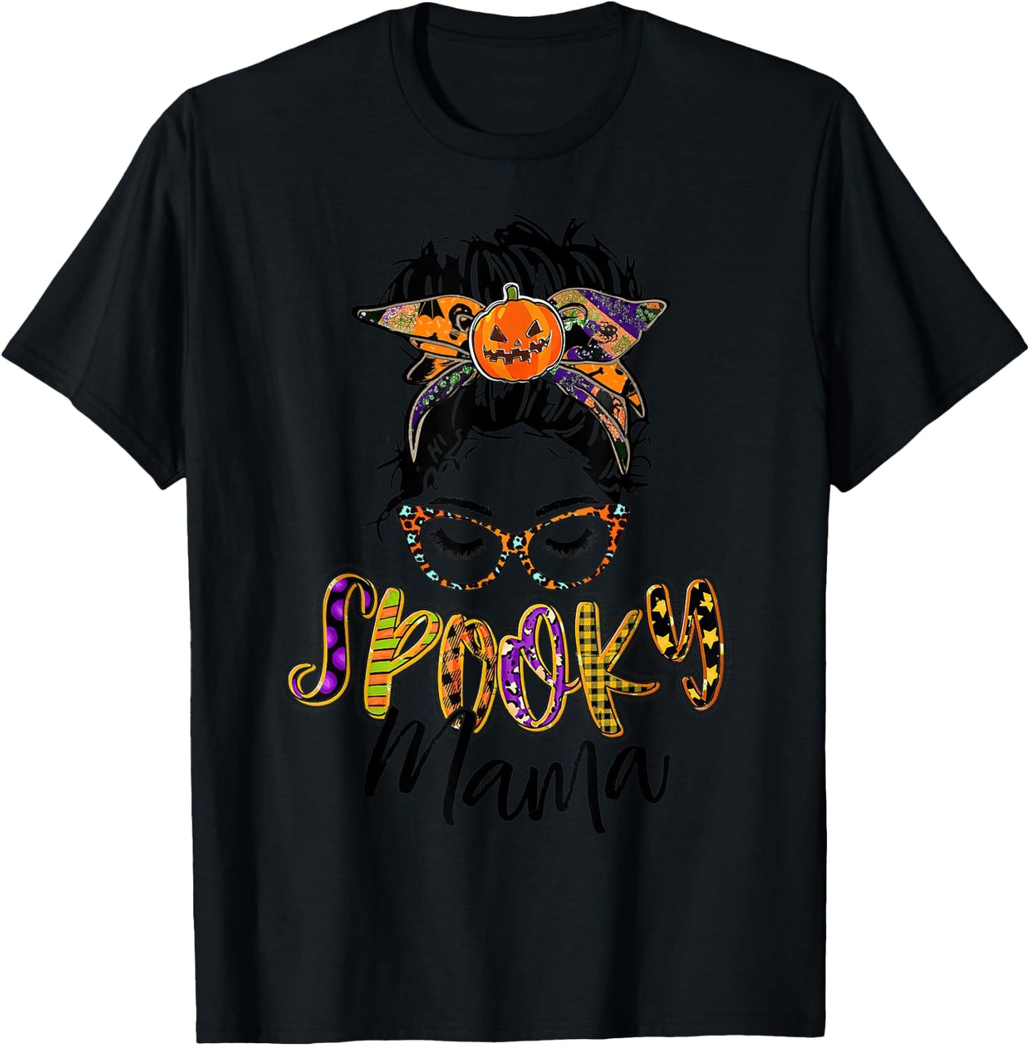 Women Spooky Mama Messy Bun Pumpkin Patch Halloween T-Shirt - T-Shirt | Black