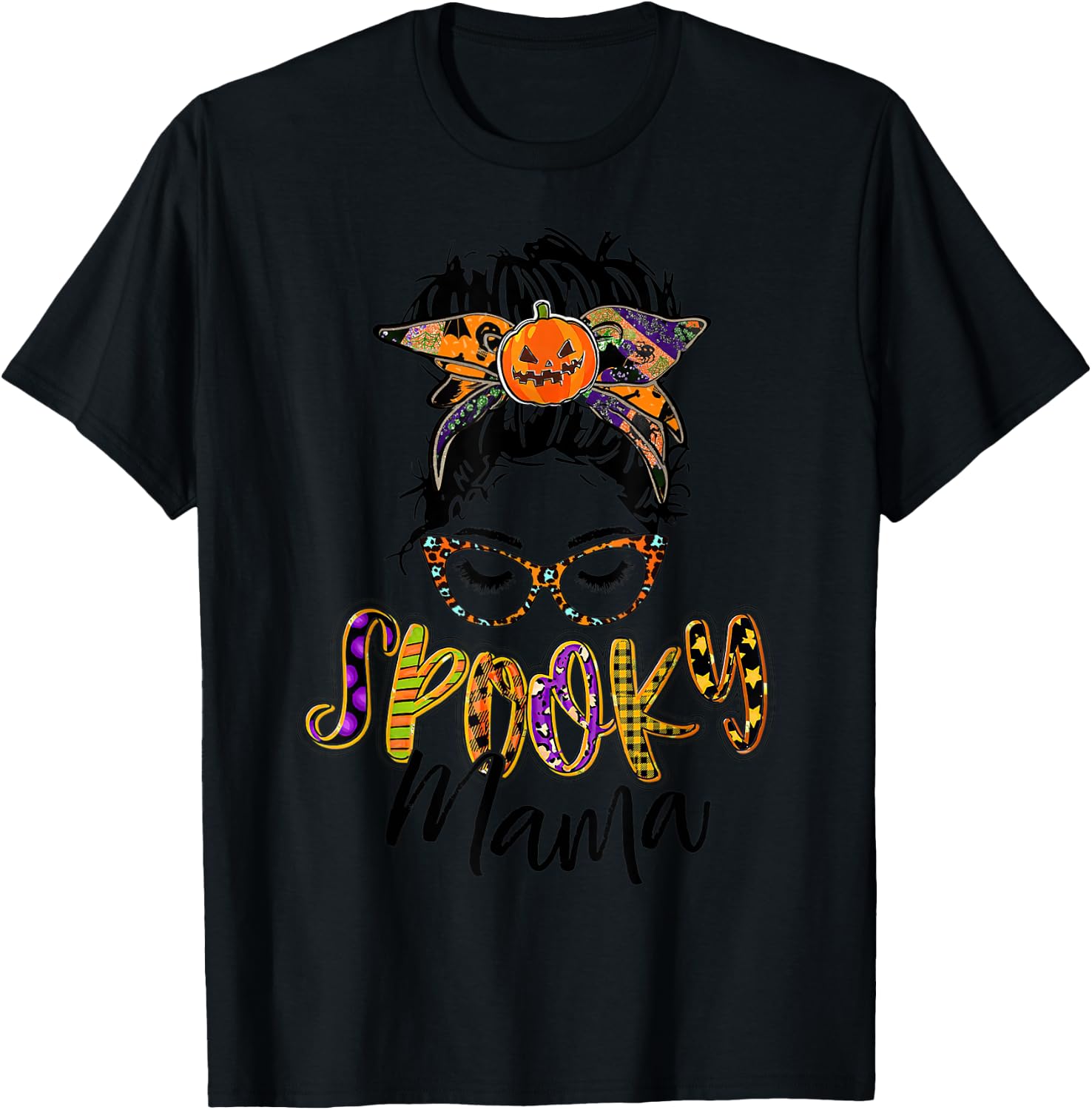 Women Spooky Mama Messy Bun Pumpkin Patch Halloween T-Shirt - T-Shirt | Black
