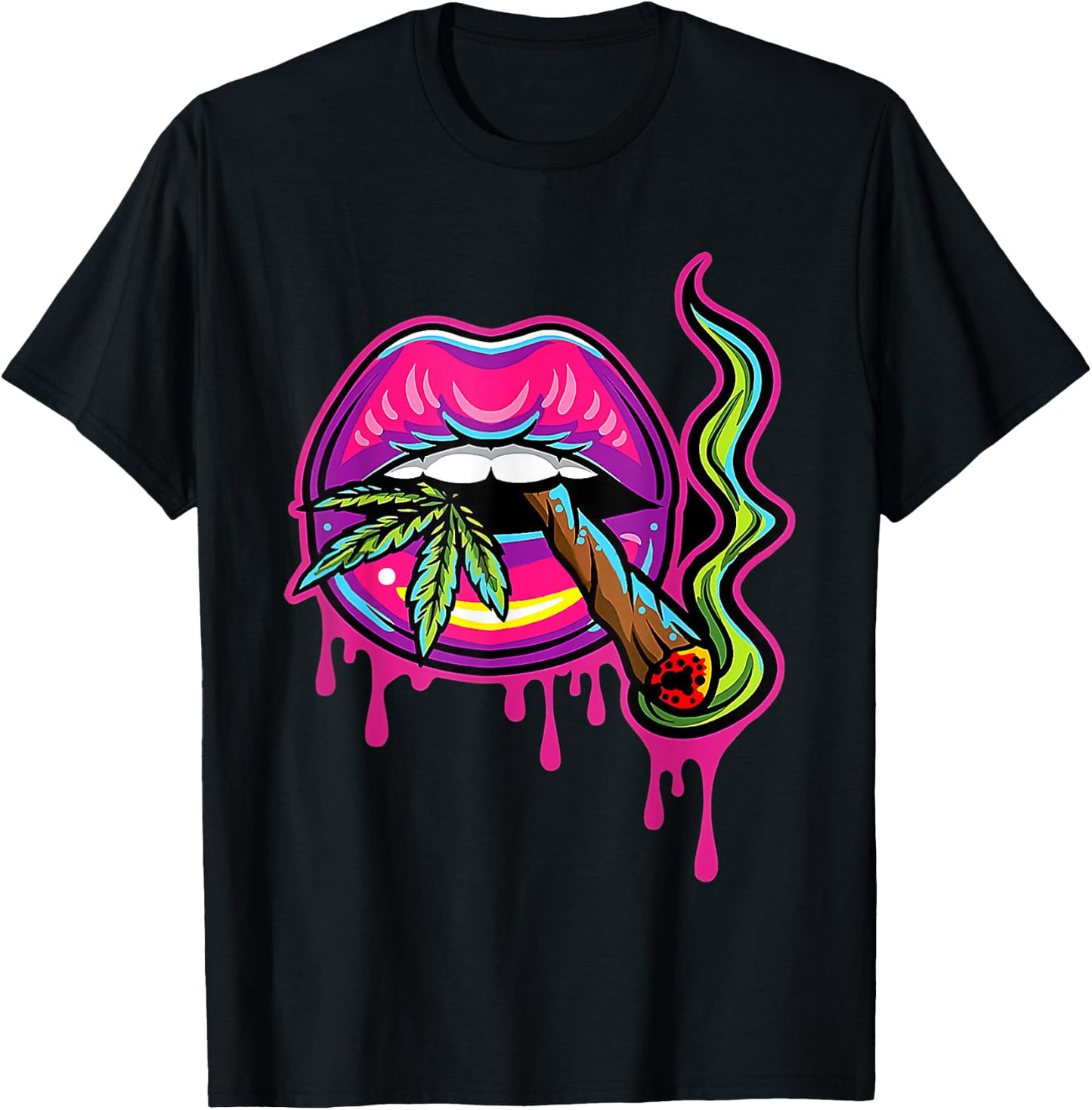 Lips Sexy Smoker Blunt Weed Teeth Marijuana Leaf 420 T-Shirt - T-Shirt | Black