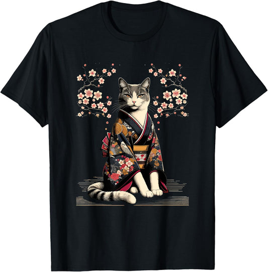 Kawaii Cat Anime Japanese Retro Men Women Kids Funny Cat T-Shirt - T-Shirt | Black