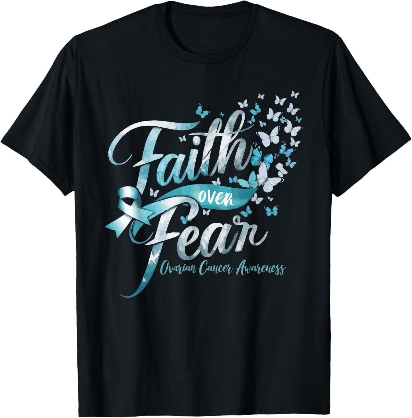 Ovarian Cancer Awareness Ovary Disease Teal Ribbon T-Shirt - T-Shirt | Black