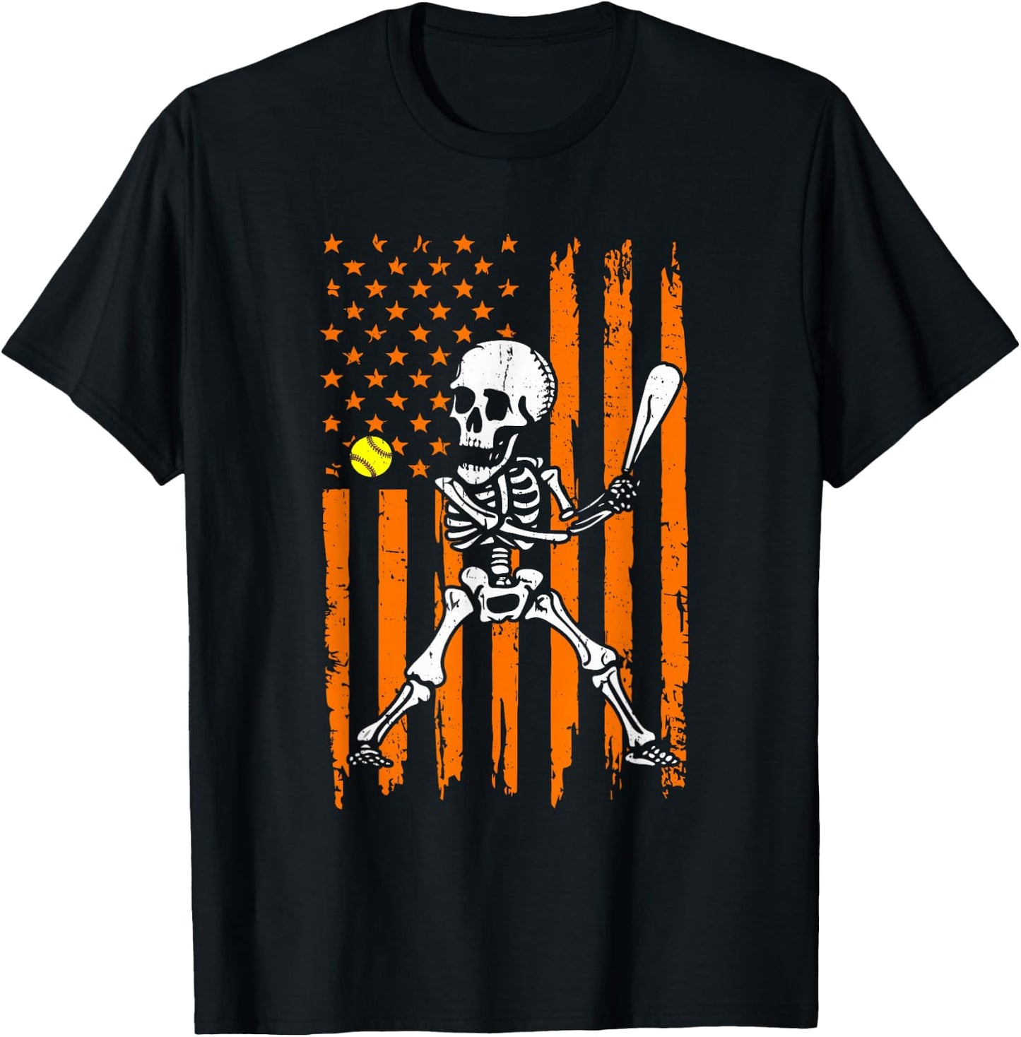 Retro Skeleton Playing Softball USA Flag Halloween Boys Kids T-Shirt - T-Shirt | Black