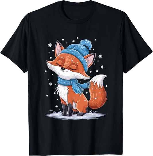 Cozy Winter Fox in Snowy Scarf and Hat T-Shirt - T-Shirt | Black