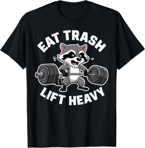 Eat Trash Lift Heavy Racoon Gym Workout Quote Weightlifting T-Shirt - T-Shirt | Black