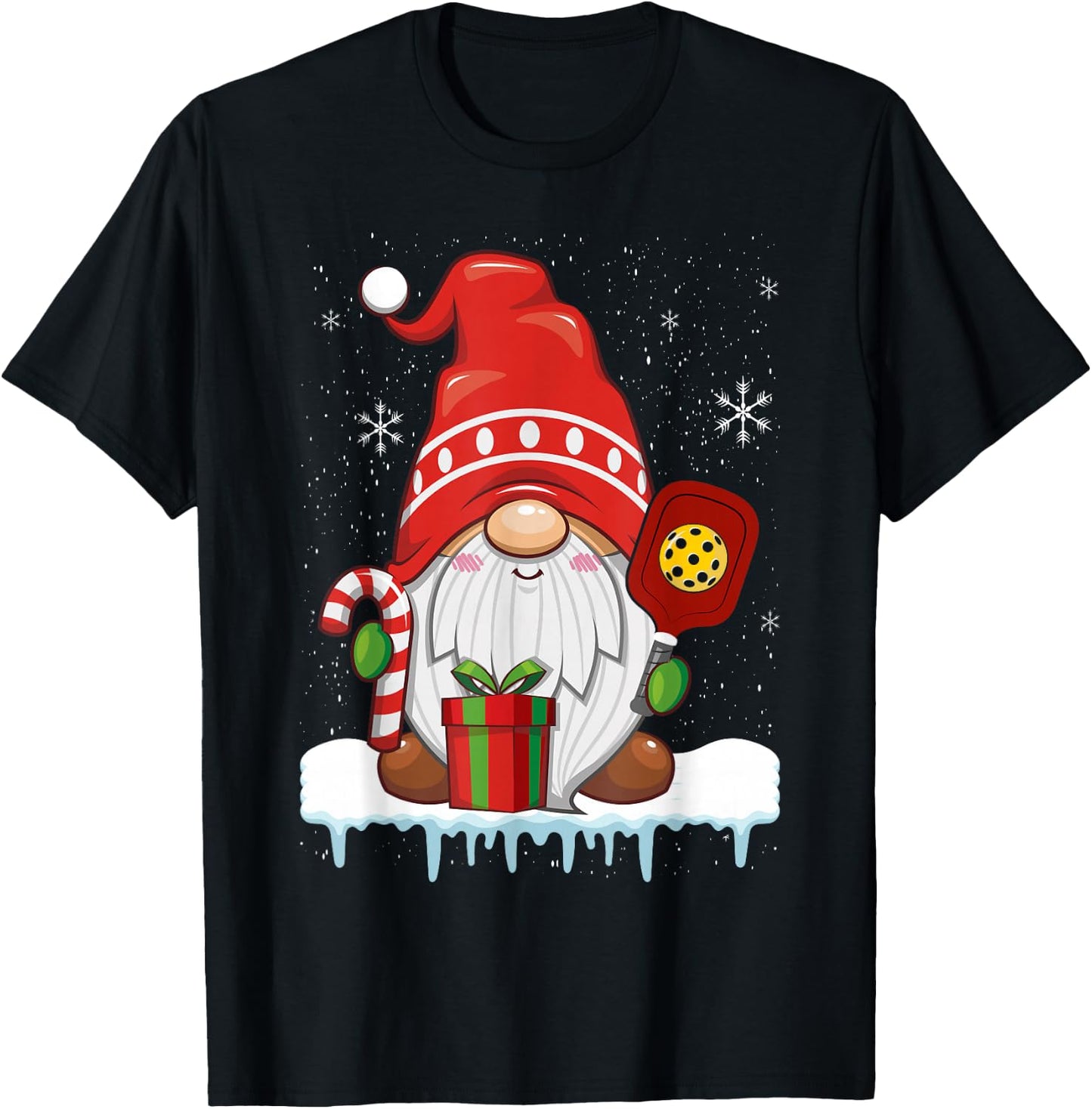Christmas Gnome With Candy Cane & Pickleball T-Shirt - T-Shirt | Black