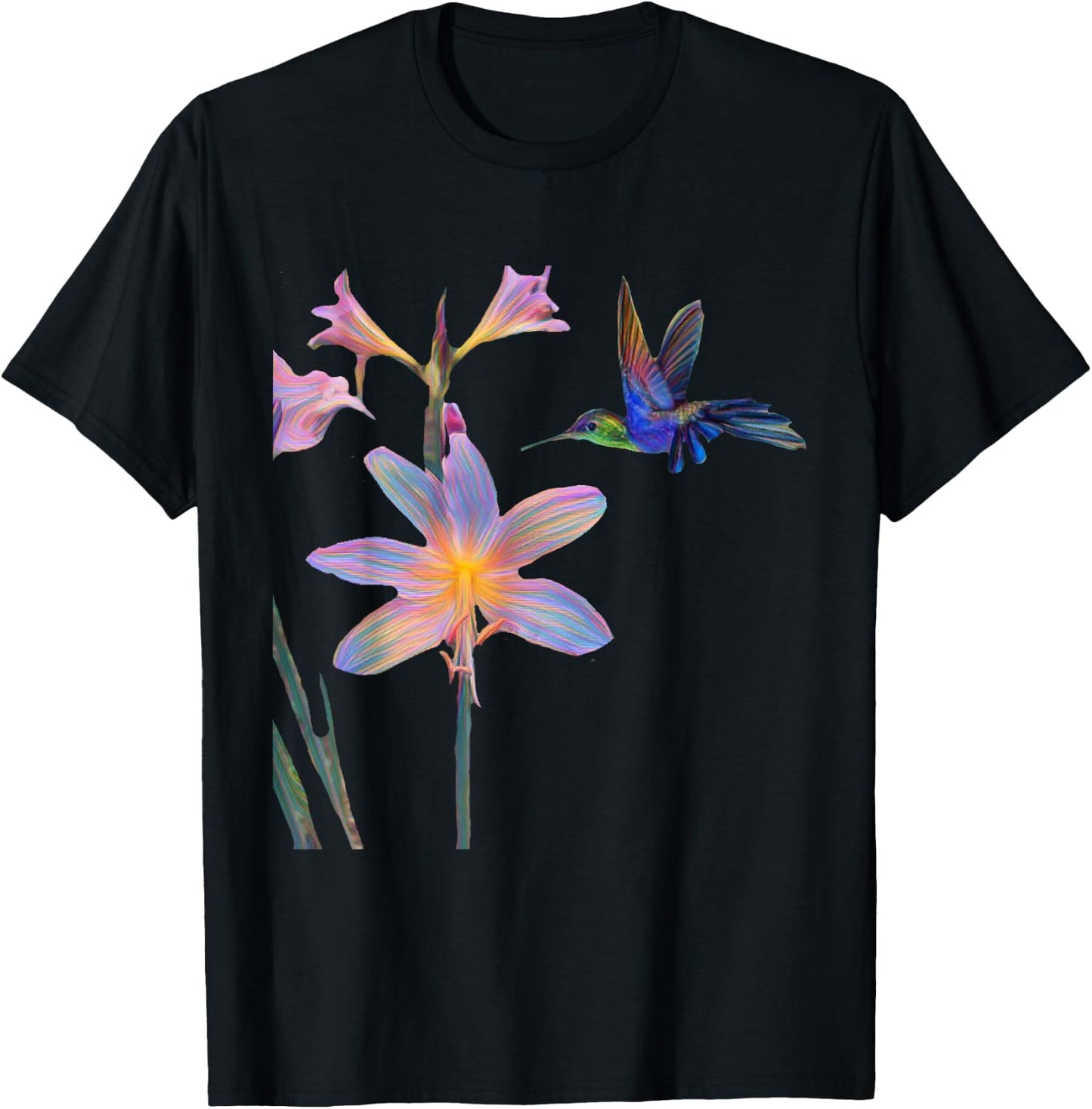 Blue Hummingbird with Flower T-Shirt - T-Shirt | Black