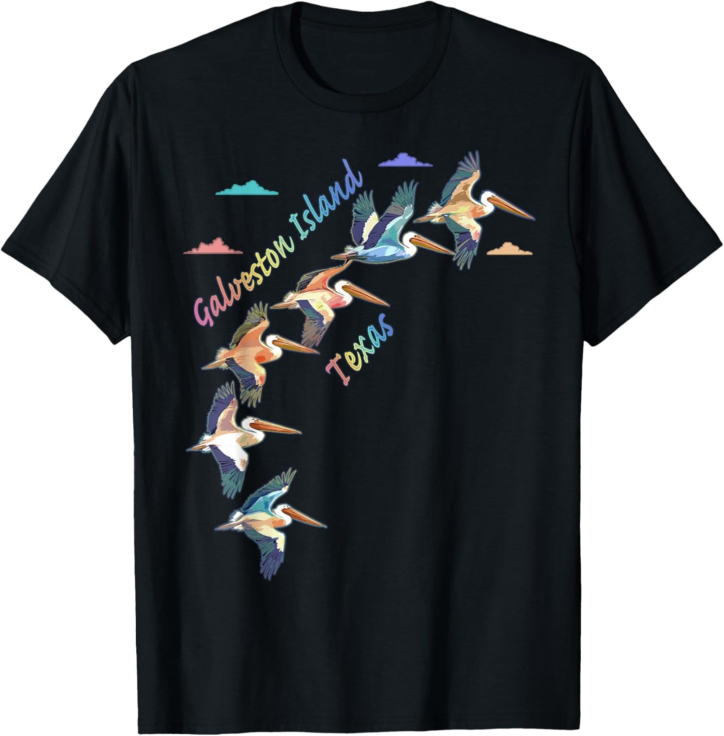 Galveston Island Texas Colorful Tie-Dye Pelican Art T-Shirt - T-Shirt | Black