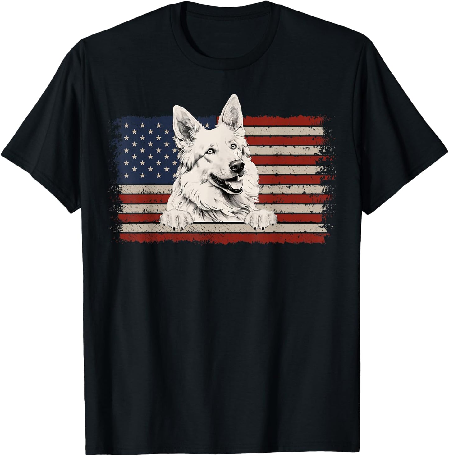 Patriotic White Swiss Shepherd American Flag USA 4th of July T-Shirt - T-Shirt | Black