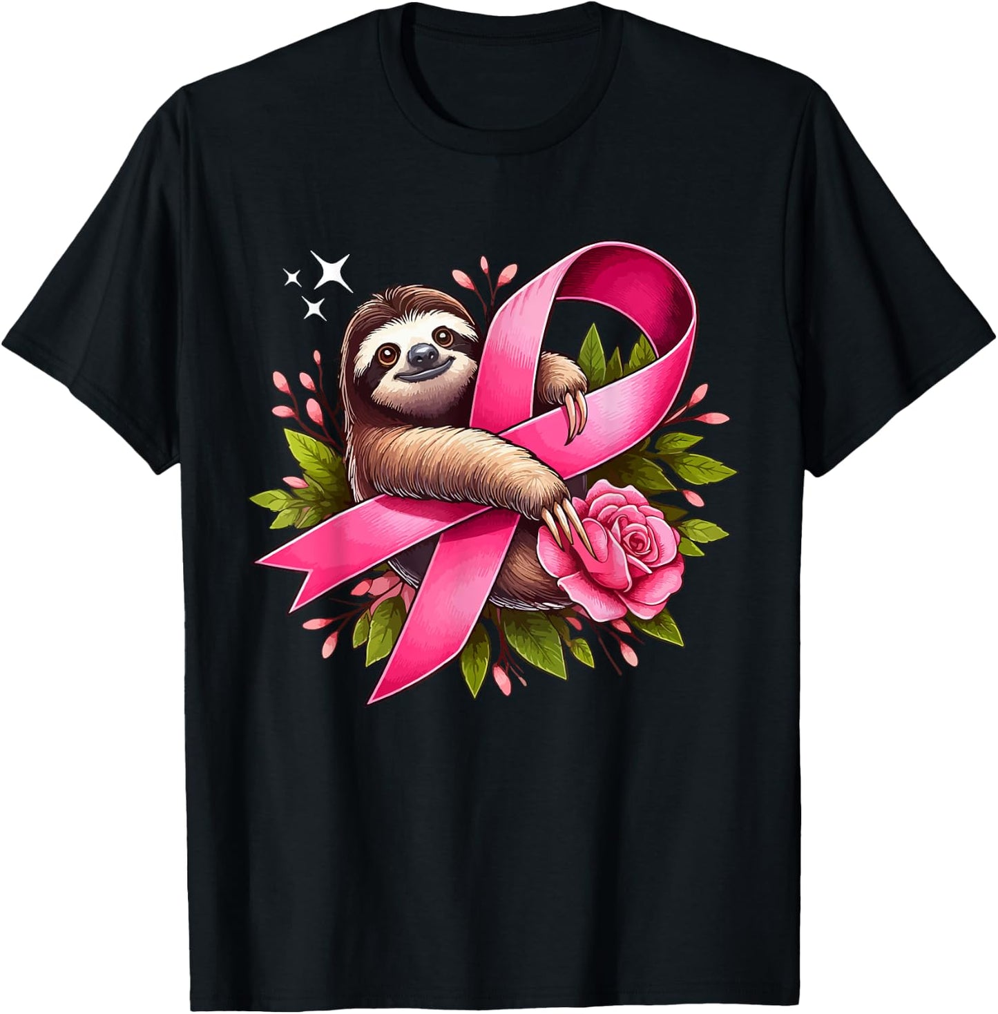 Sloth Holding Breast Cancer Awareness Ribbon Proud Costume T-Shirt - T-Shirt | Black