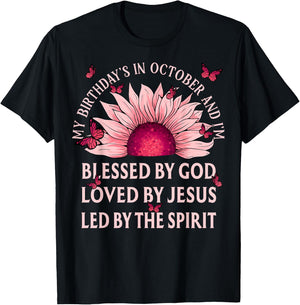 Blessed By God October Birth Month Pink Sunflower Christian T-Shirt - T-Shirt | Black