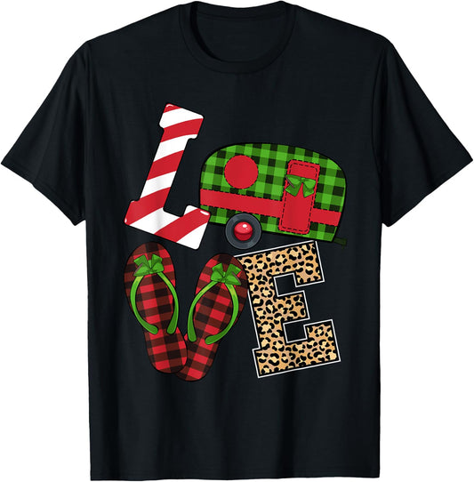 Love Christmas Pajama Cute Plaid Leopard Print X-Mas Camping T-Shirt - T-Shirt | Black