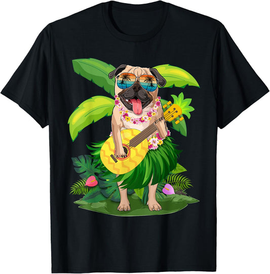Hawaiian Pug Dog & Pineapple Ukulele Summer Vacation T-Shirt - T-Shirt | Black
