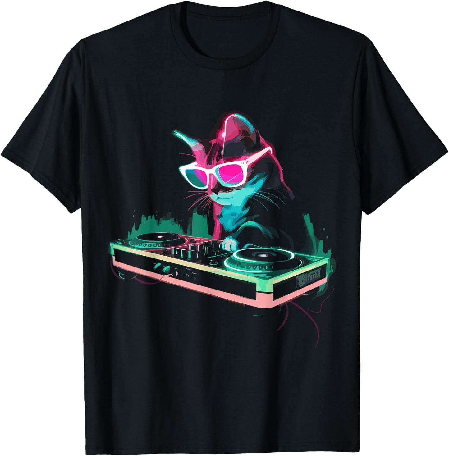 House DJ Cat Rainbow DJ Cat Kitty on Turntable Disco DJ Cat , Small, Black T-Shirt - T-Shirt | Black