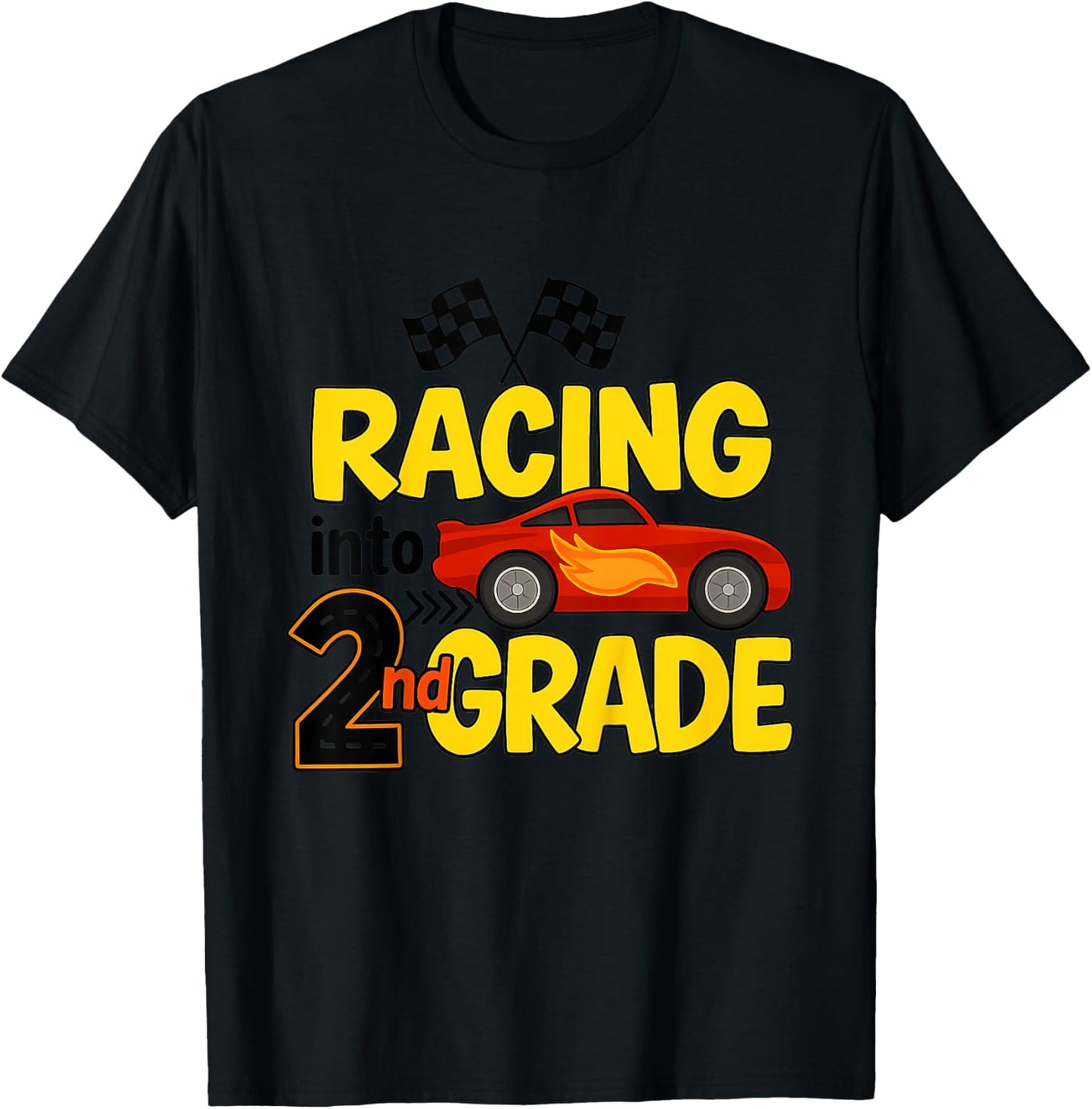 Kids Racing Into 2nd Grade Funny First Day Of School Car T-Shirt - T-Shirt | Black