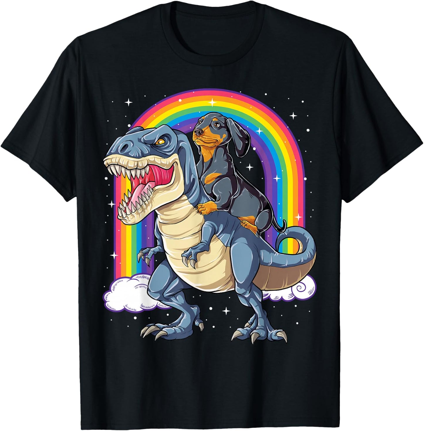 Dachshund Riding Dinosaur T-rex Boys Girls Rainbow Men Women T-Shirt - T-Shirt | Black