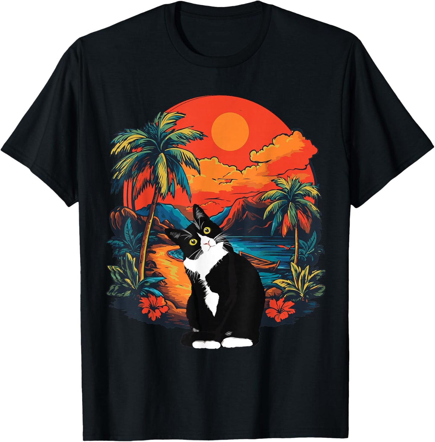 Hawaiian Tropical Tuxedo Cat Mom Dad Gift Animal Lovers T-Shirt - T-Shirt | Black