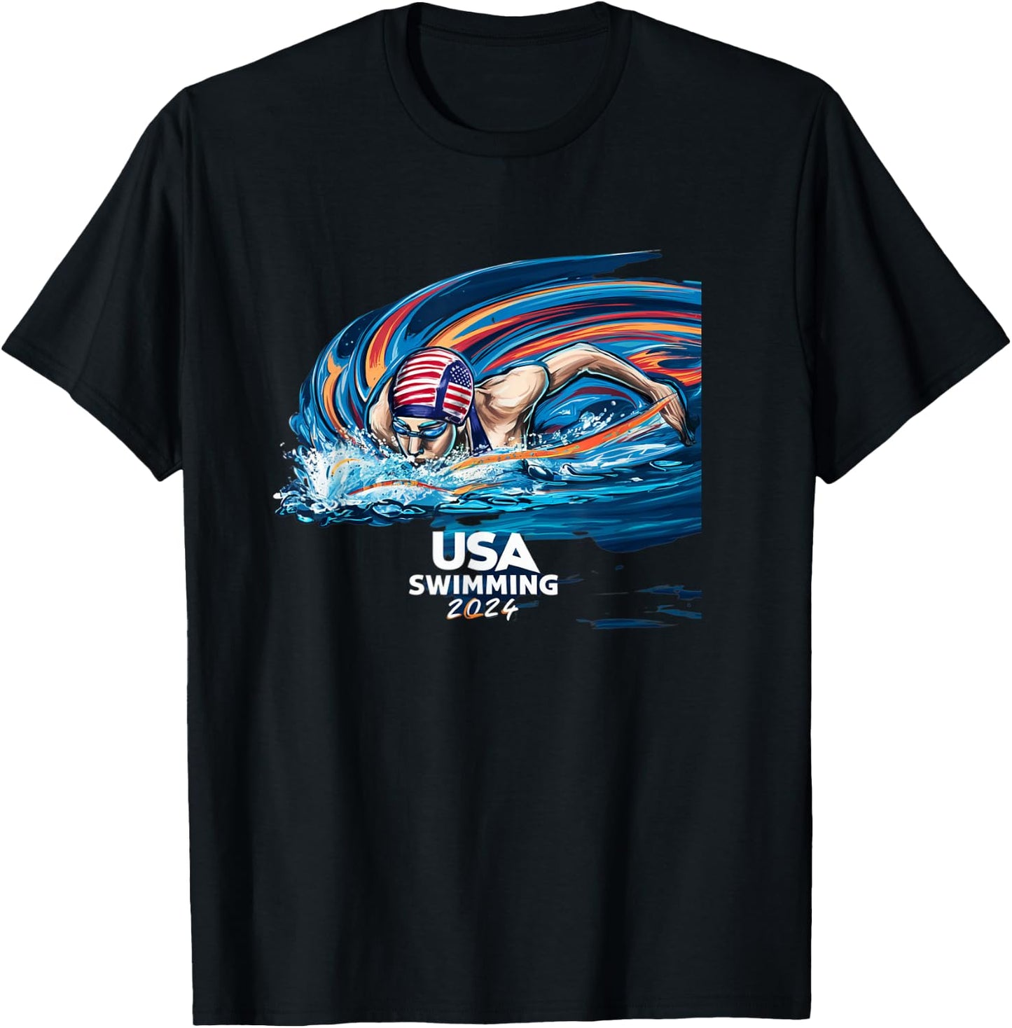 USA Swimming 2024 Riding The Waves Swimming Fans T-Shirt - T-Shirt | Black