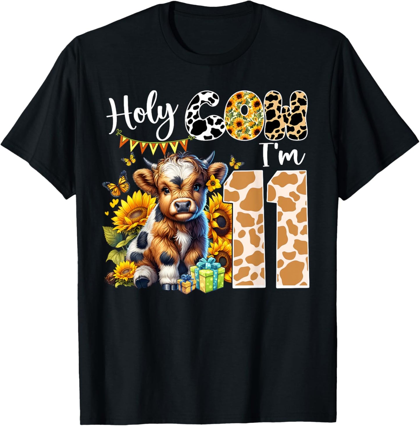 Holy Cow I’m 11 Years Old Dairy Cow Sunflowers 11th Birthday T-Shirt - T-Shirt | Black